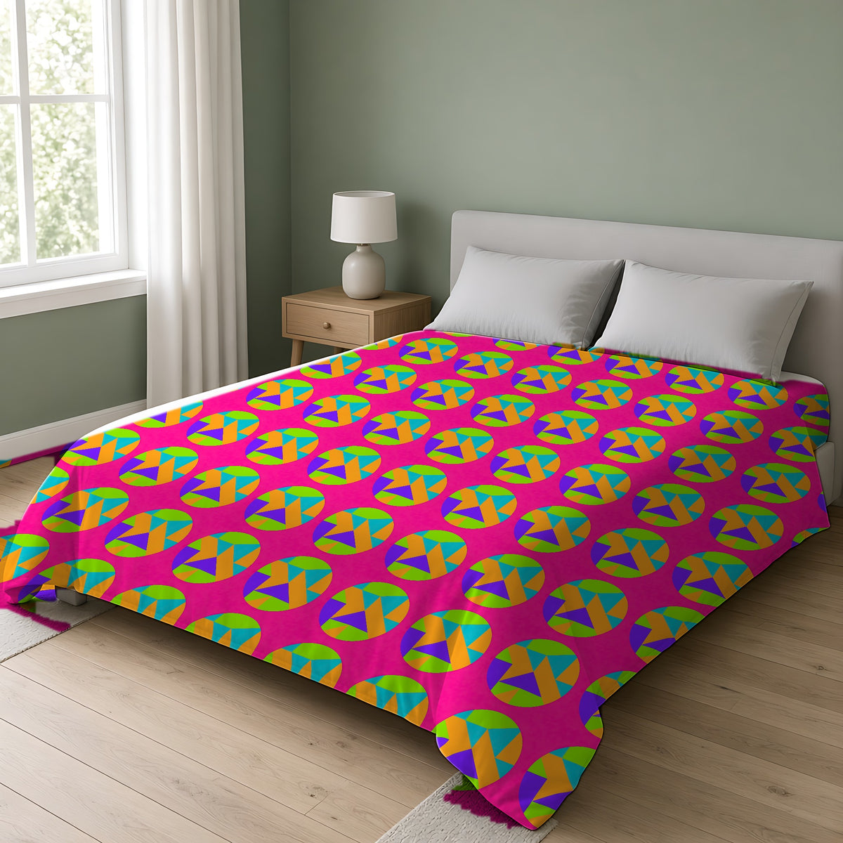 Broken Circle Planes Comforter on a double bed in a bright sage-green bedroom