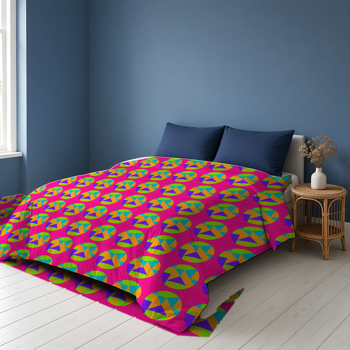 Broken Circle Planes Cotton Duvet Cover on a bed in a Scandinavian blue bedroom