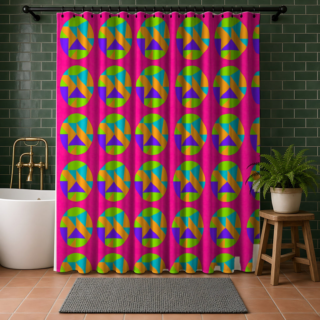 Broken Circle Planes Shower Curtain in a bathroom with dark green tiles