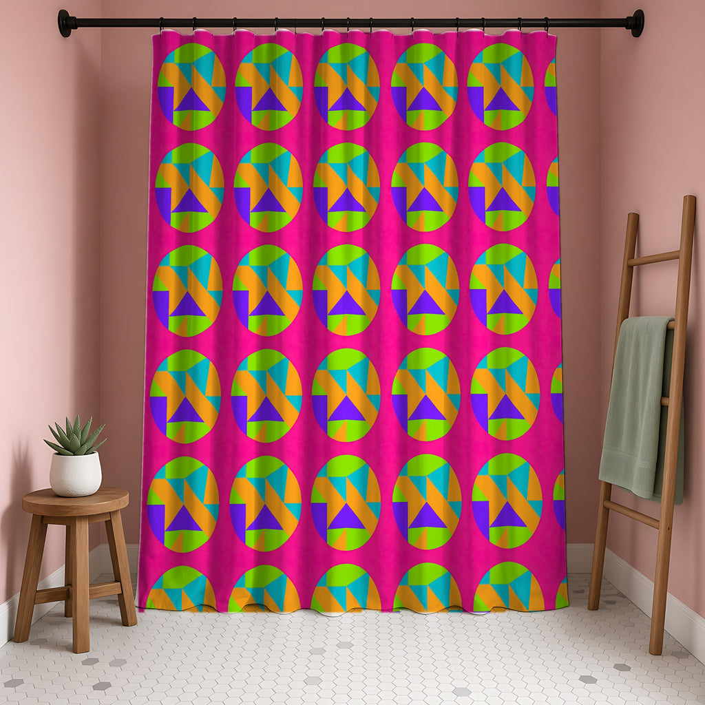 Broken Circle Planes Shower Curtain in a blush-pink bathroom