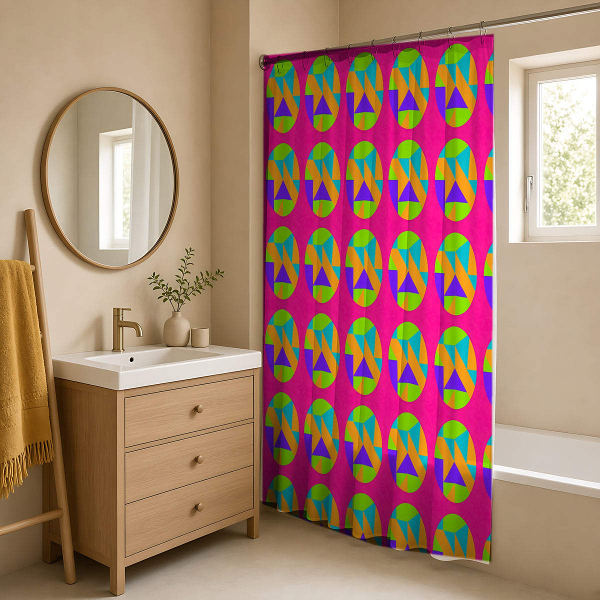 Broken Circle Planes Shower Curtain in a warm neutral bathroom with an oak vanity