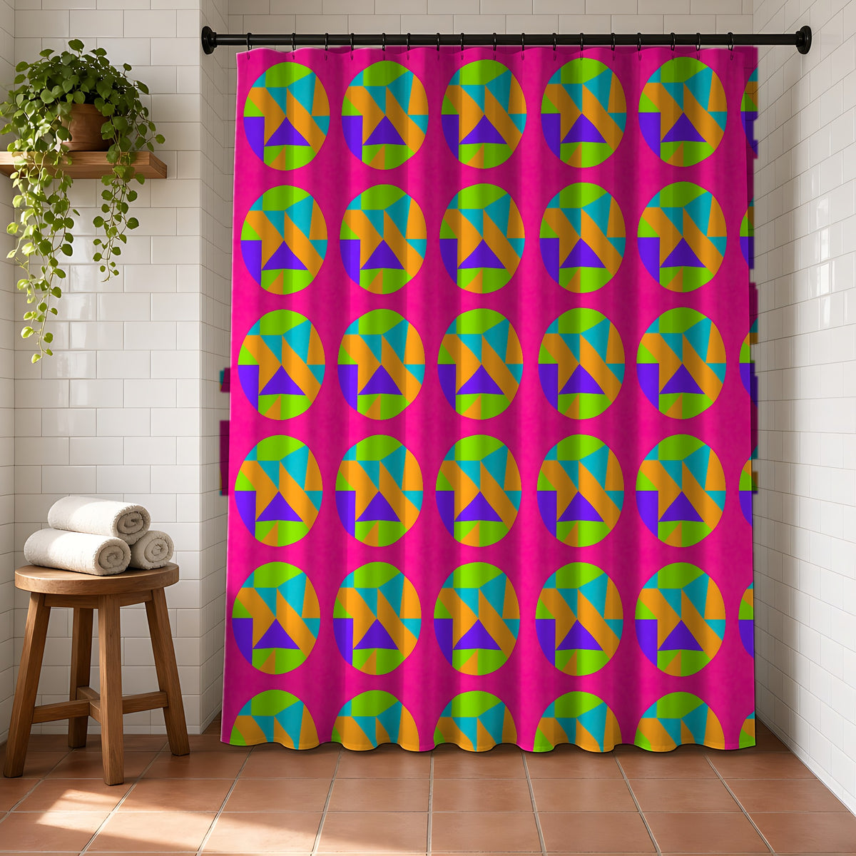 Broken Circle Planes Shower Curtain in a bright bathroom with white tiles and a terracotta floor