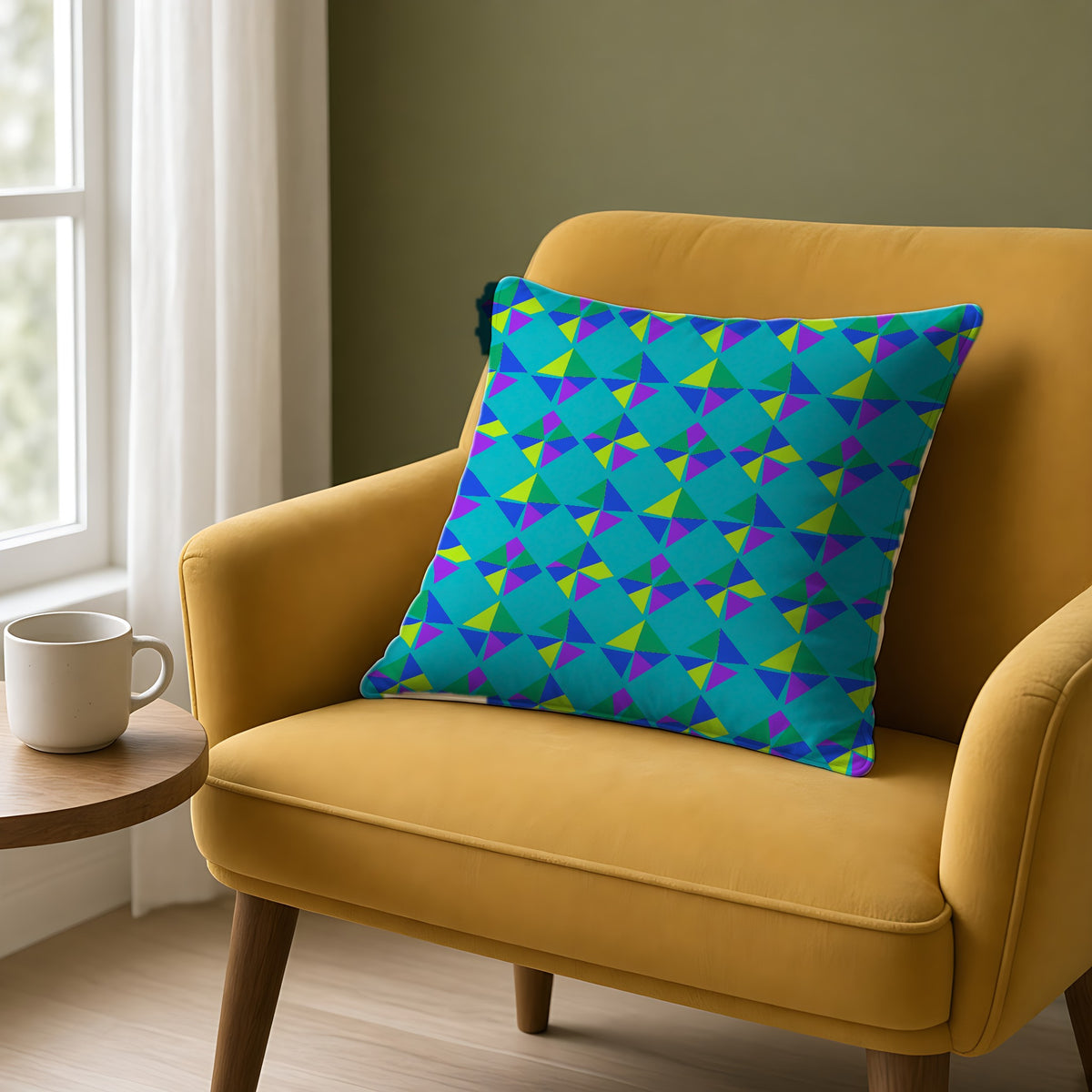 Stacked Cubist Prisms Faux Suede Cushion on a mustard armchair by a window