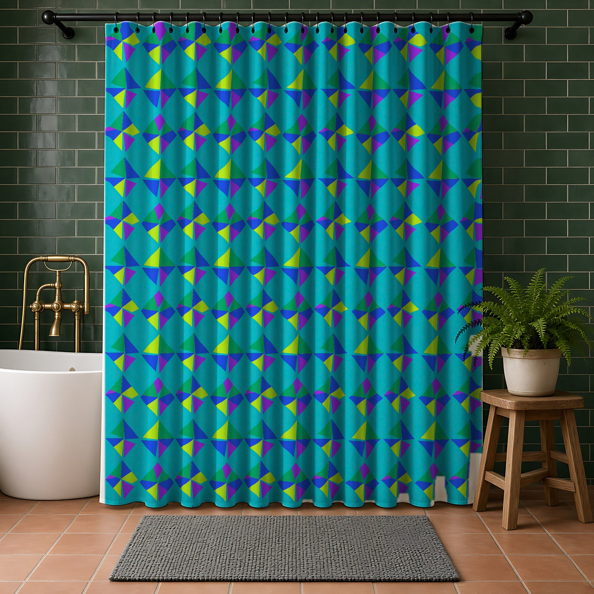 Stacked Cubist Prisms Shower Curtain in a bathroom with dark green tiles