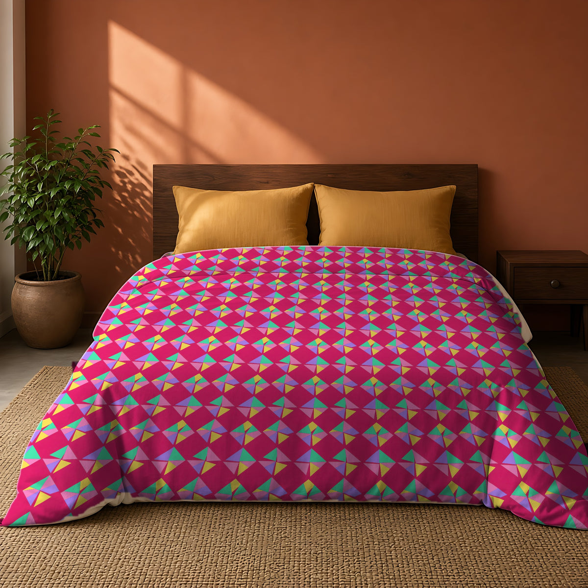 Stacked Cubist Prisms Comforter on a king bed against a warm terracotta wall