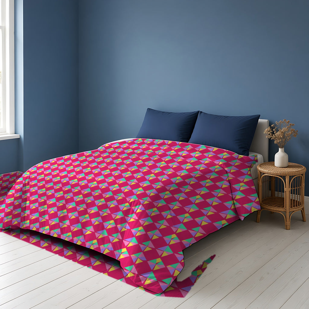Stacked Cubist Prisms Comforter on a bed in a Scandinavian blue bedroom