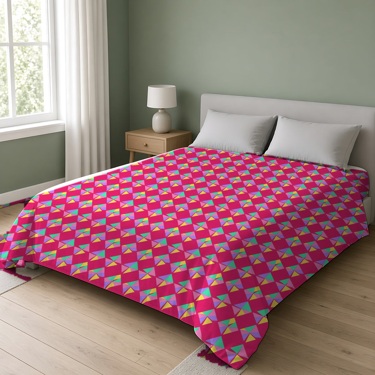 Stacked Cubist Prisms Comforter on a double bed in a bright sage-green bedroom