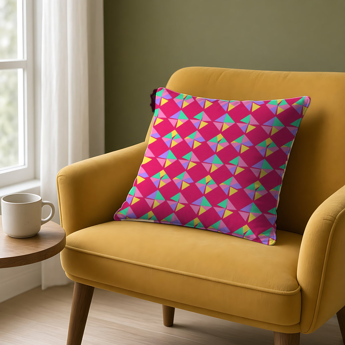Stacked Cubist Prisms Faux Suede Cushion on a mustard armchair by a window