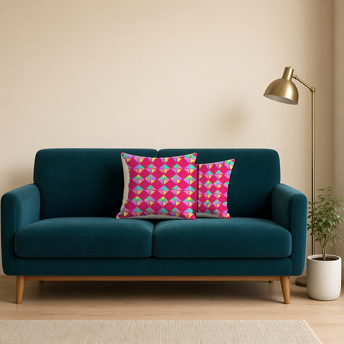 Stacked Cubist Prisms Faux Suede Cushion on a teal velvet sofa