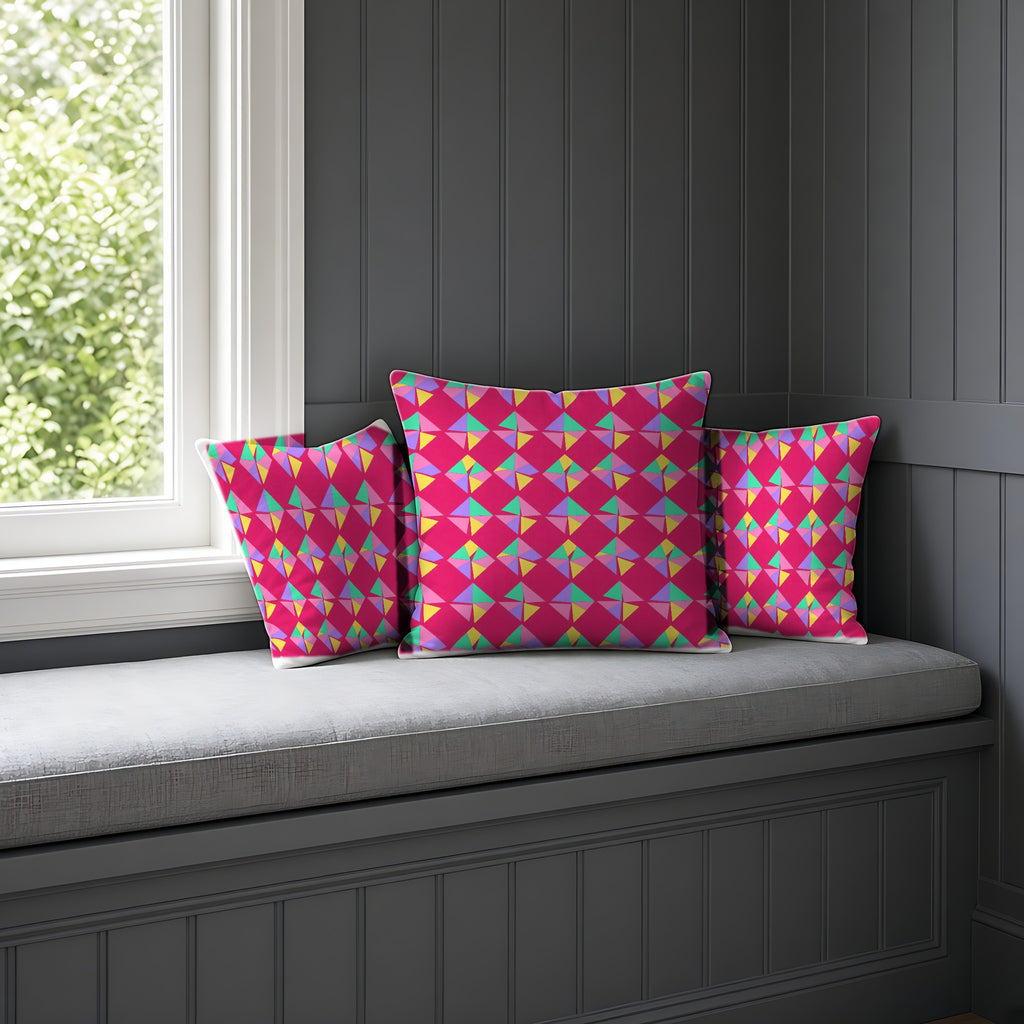 Stacked Cubist Prisms Faux Suede Cushion on a window seat