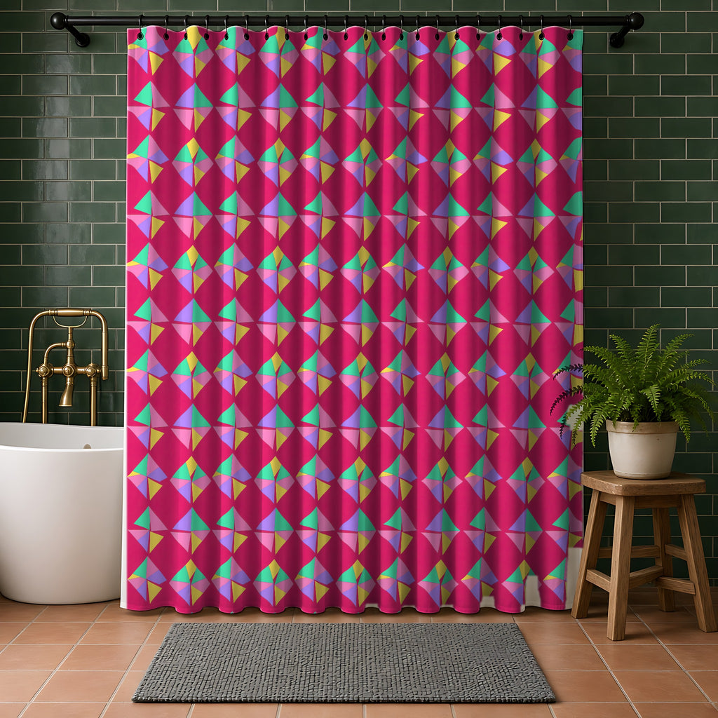 Stacked Cubist Prisms Shower Curtain in a bathroom with dark green tiles