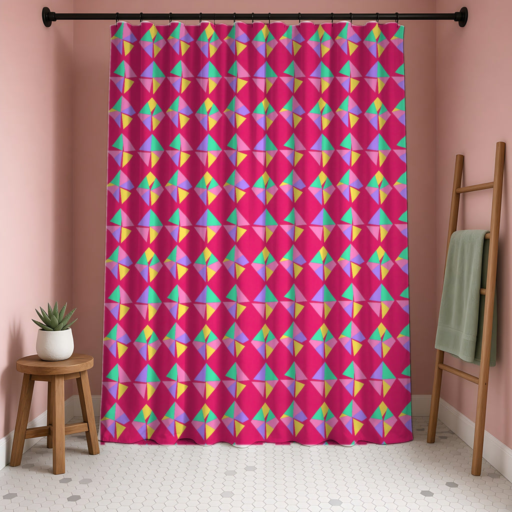 Stacked Cubist Prisms Shower Curtain in a blush-pink bathroom