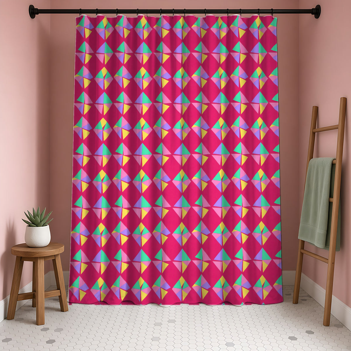 Stacked Cubist Prisms Shower Curtain in a blush-pink bathroom