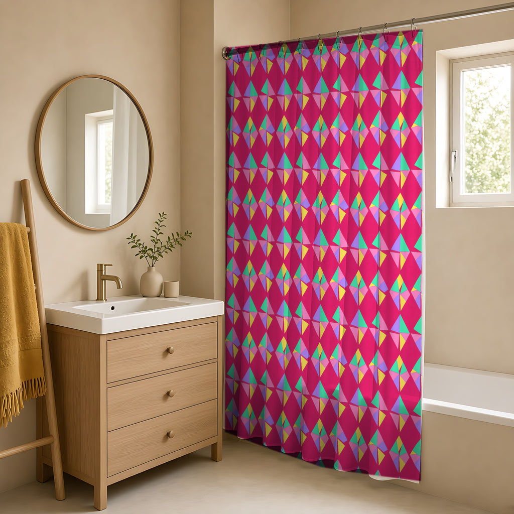 Stacked Cubist Prisms Shower Curtain in a warm neutral bathroom with an oak vanity