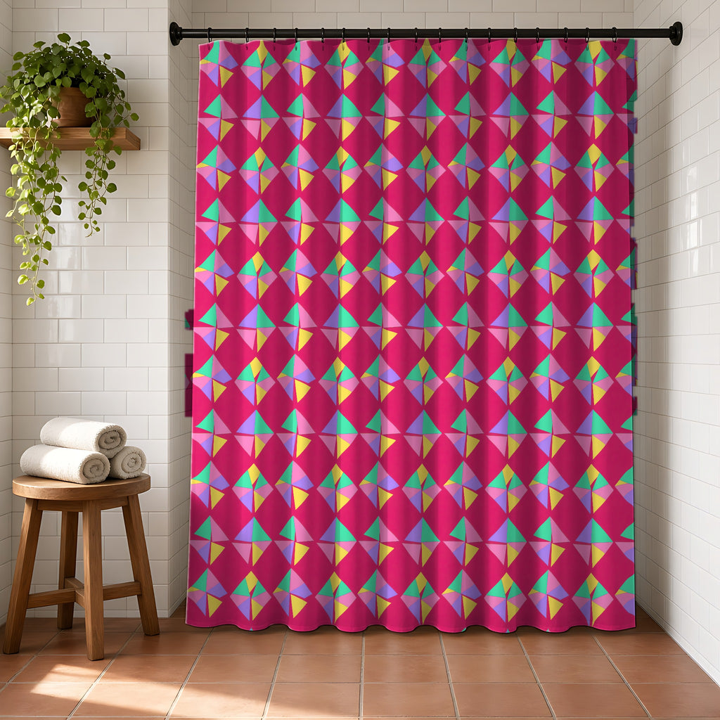 Stacked Cubist Prisms Shower Curtain in a bright bathroom with white tiles and a terracotta floor