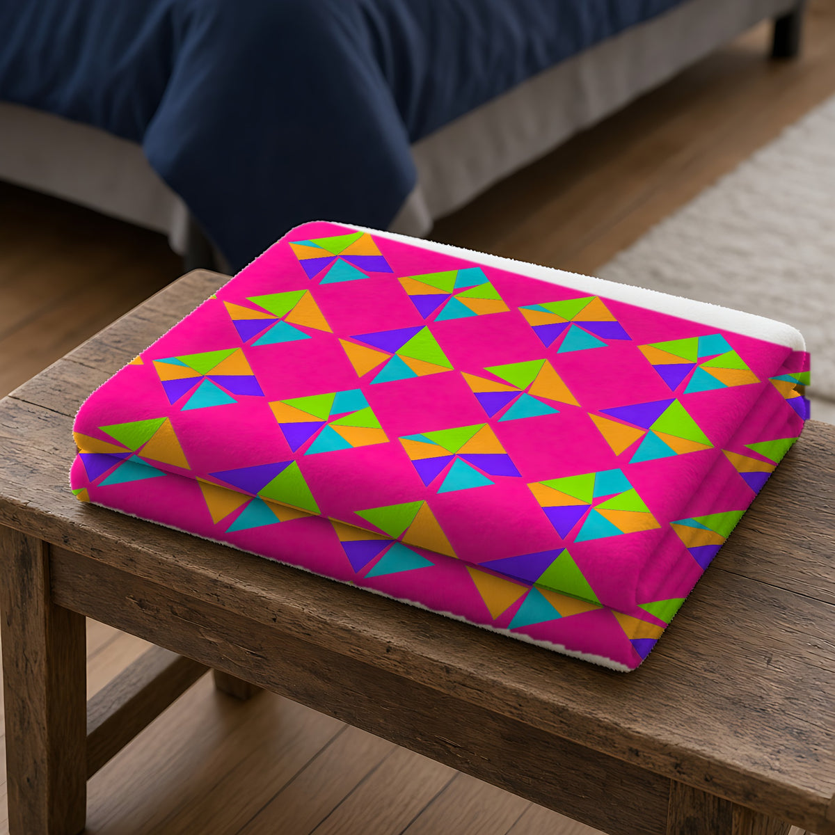 Stacked Cubist Prisms Sherpa Fleece Blanket folded on a wooden bench