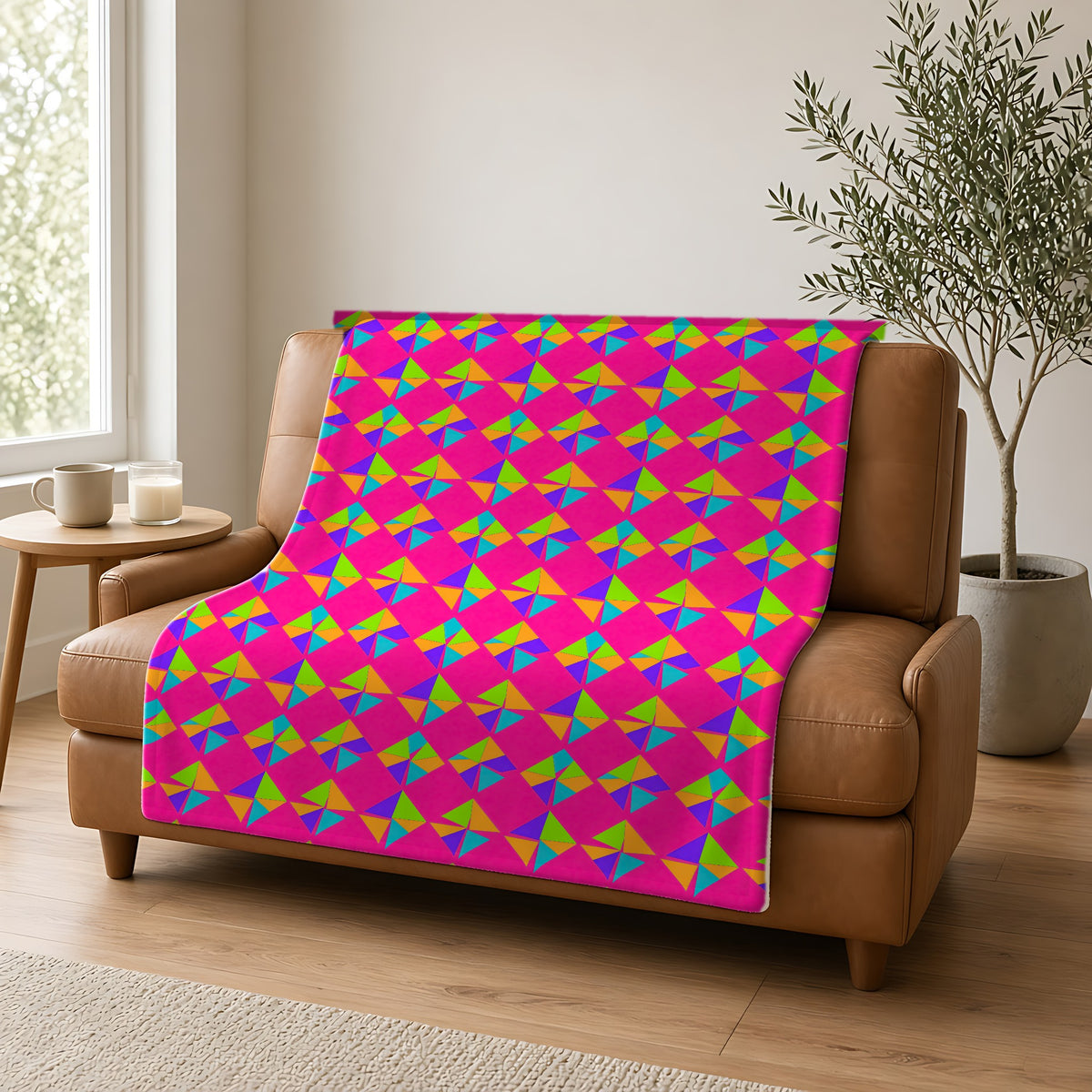 Stacked Cubist Prisms Sherpa Fleece Blanket draped over a caramel leather sofa