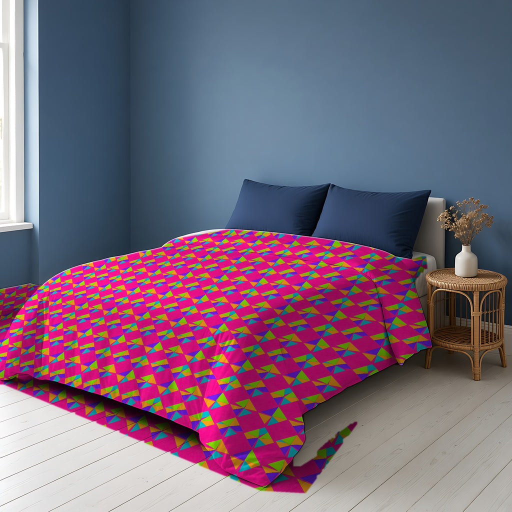 Stacked Cubist Prisms Comforter on a bed in a Scandinavian blue bedroom