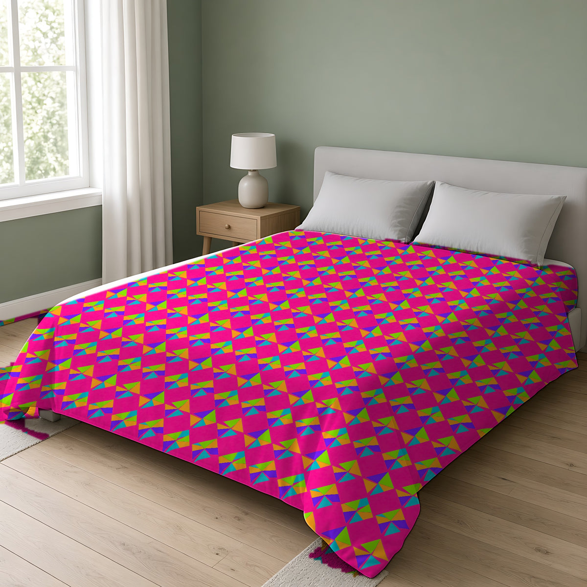 Stacked Cubist Prisms Comforter on a double bed in a bright sage-green bedroom