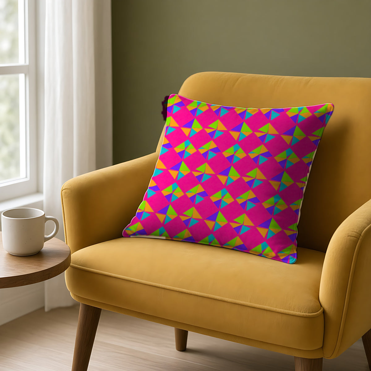 Stacked Cubist Prisms Faux Suede Cushion on a mustard armchair by a window