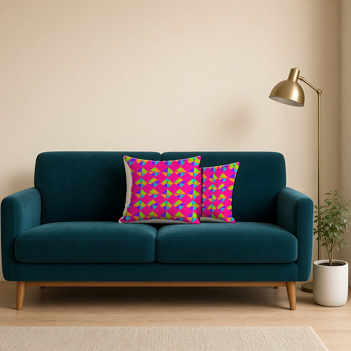 Stacked Cubist Prisms Faux Suede Cushion on a teal velvet sofa