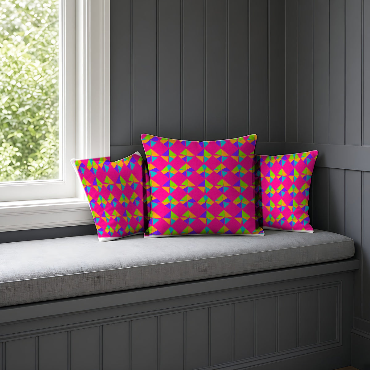 Stacked Cubist Prisms Faux Suede Cushion on a window seat