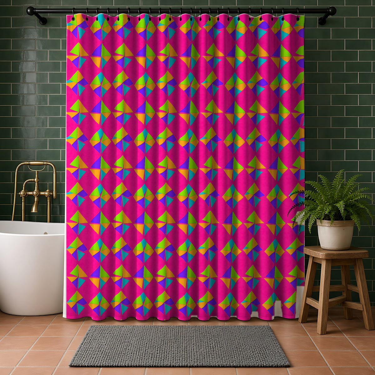 Stacked Cubist Prisms Shower Curtain in a bathroom with dark green tiles