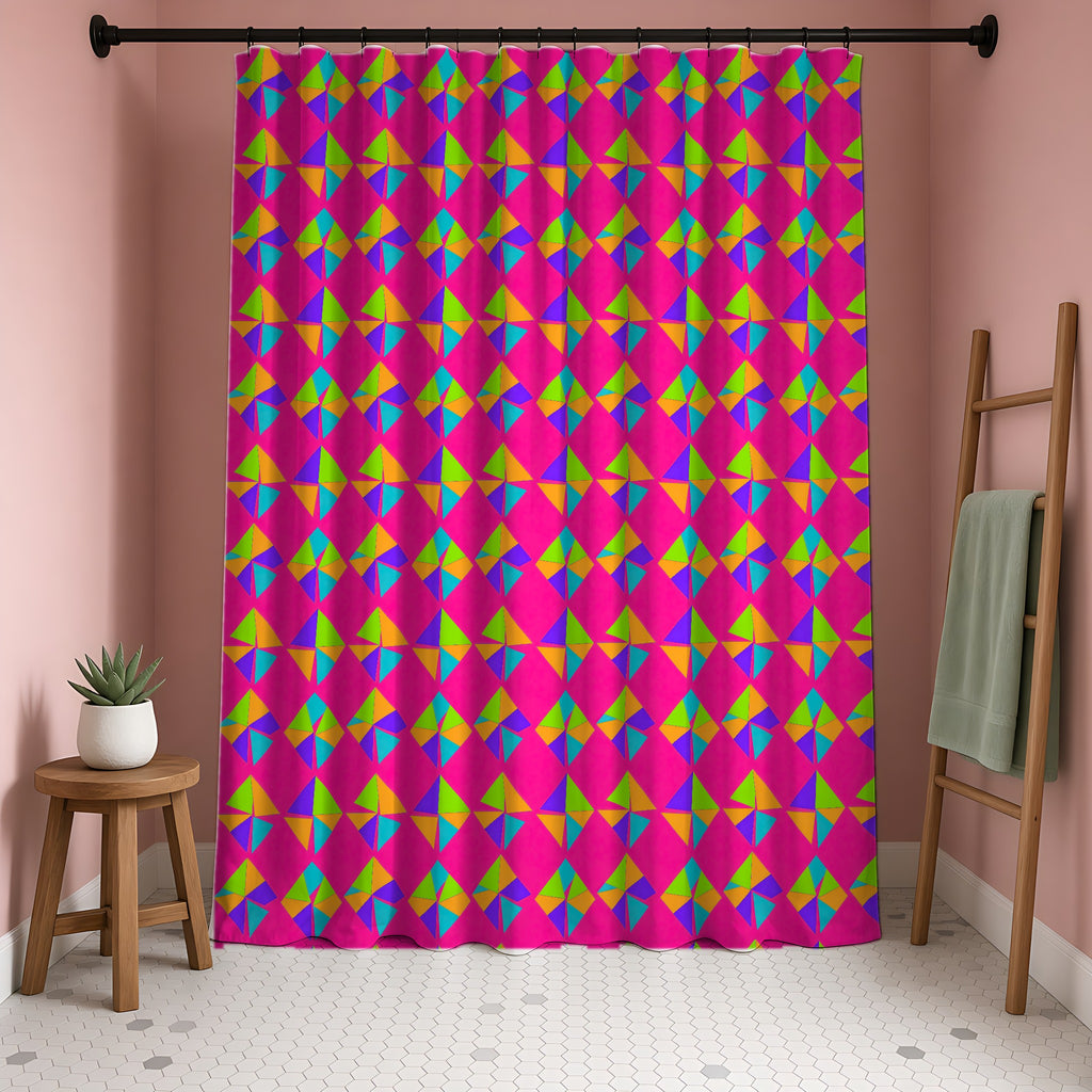 Stacked Cubist Prisms Shower Curtain in a blush-pink bathroom