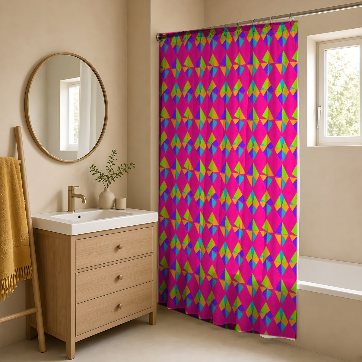 Stacked Cubist Prisms Shower Curtain in a warm neutral bathroom with an oak vanity