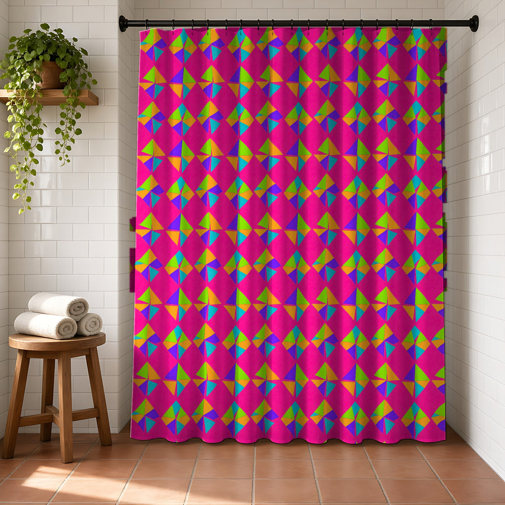 Stacked Cubist Prisms Shower Curtain in a bright bathroom with white tiles and a terracotta floor