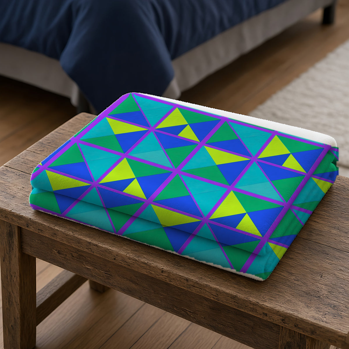 Split Square Fiesta Sherpa Fleece Blanket folded on a wooden bench
