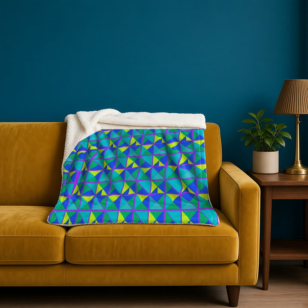 Split Square Fiesta Sherpa Fleece Blanket in the Peacock Jewel palette, draped over a mustard sofa against a deep-teal wall