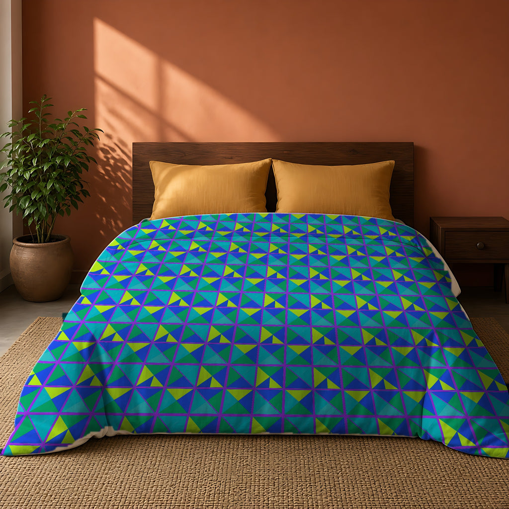 Split Square Fiesta Comforter on a king bed against a warm terracotta wall