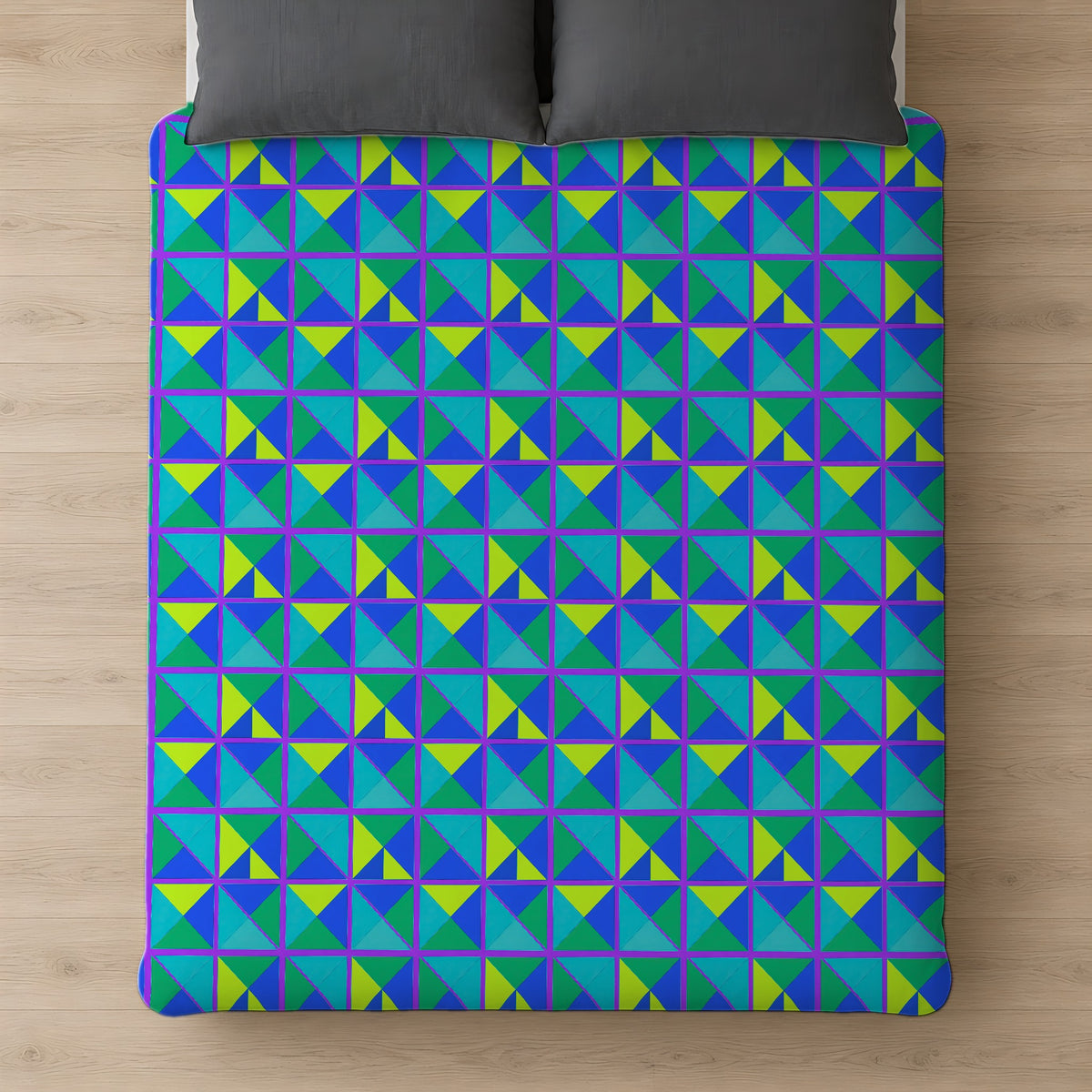 Split Square Fiesta Comforter on a bed, seen from above