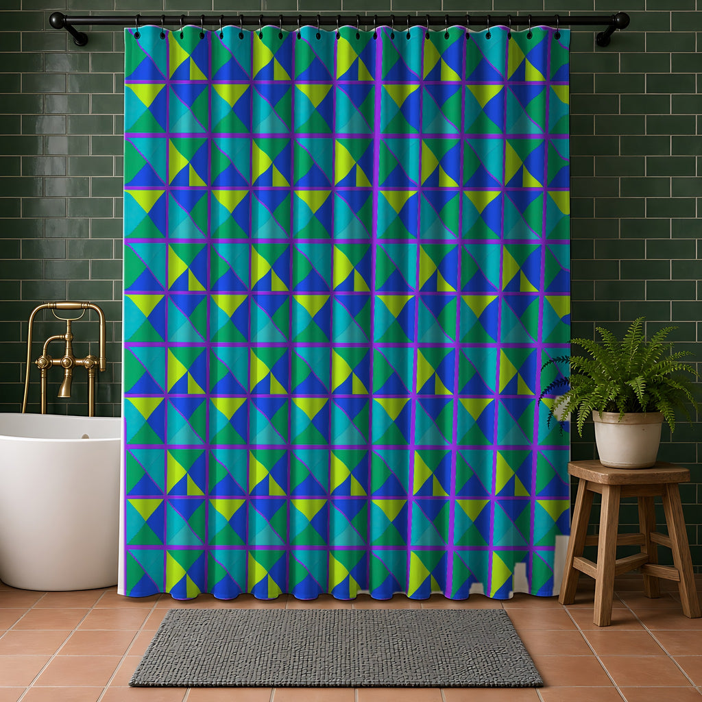 Split Square Fiesta Shower Curtain in a bathroom with dark green tiles