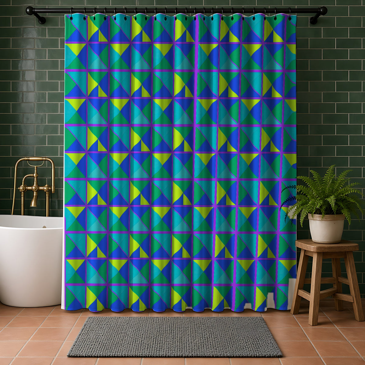 Split Square Fiesta Shower Curtain in a bathroom with dark green tiles