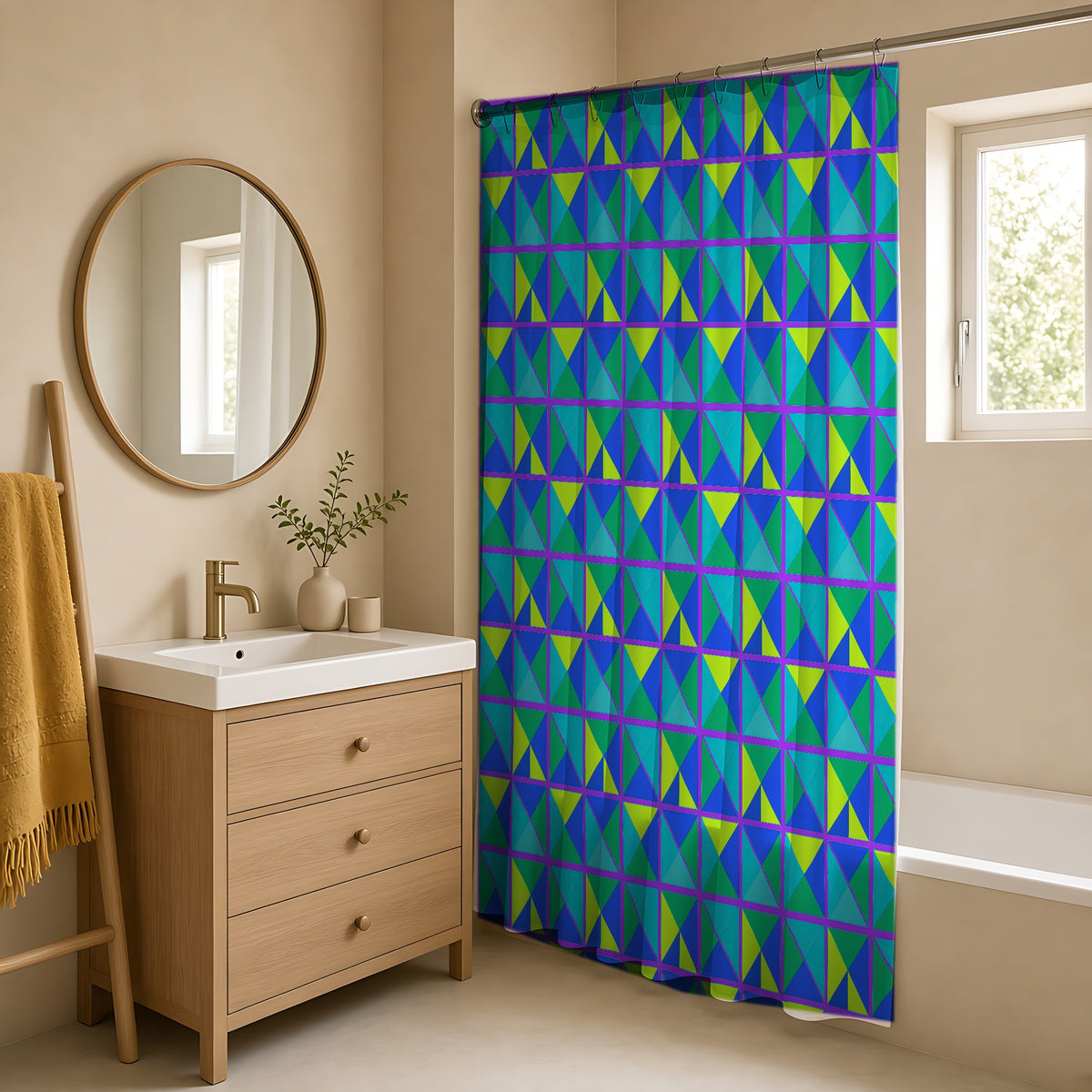Split Square Fiesta Shower Curtain in a warm neutral bathroom with an oak vanity