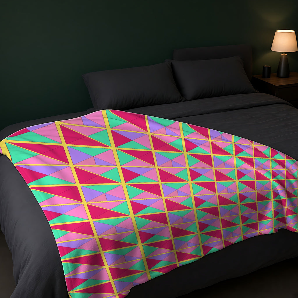 Split Square Fiesta Sherpa Fleece Blanket across the foot of a dark bed