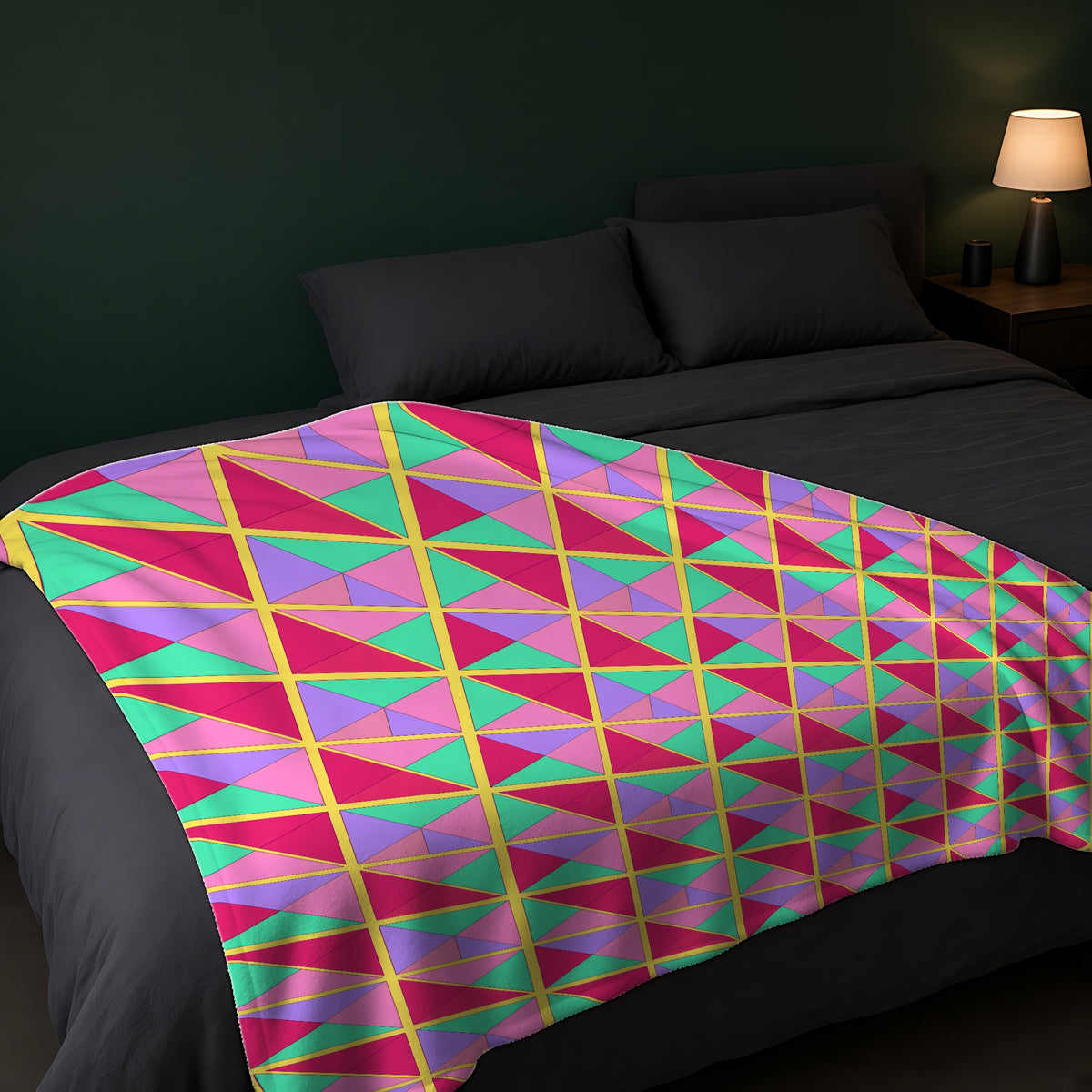 Split Square Fiesta Sherpa Fleece Blanket across the foot of a dark bed