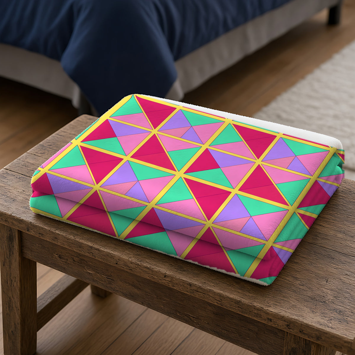 Split Square Fiesta Sherpa Fleece Blanket folded on a wooden bench
