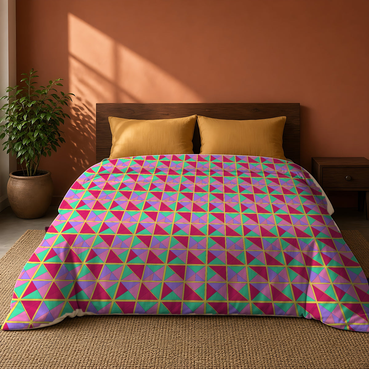 Split Square Fiesta Comforter on a king bed against a warm terracotta wall