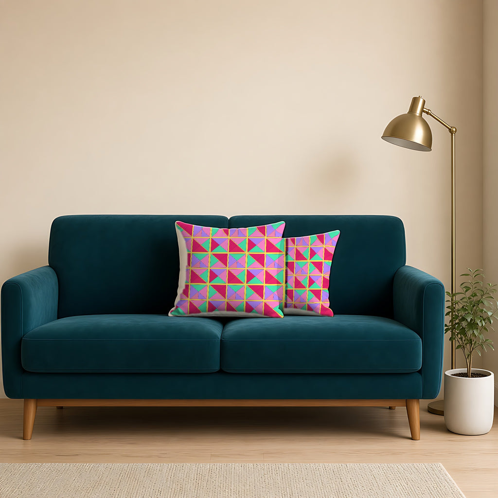 Split Square Fiesta Faux Suede Cushion on a teal velvet sofa
