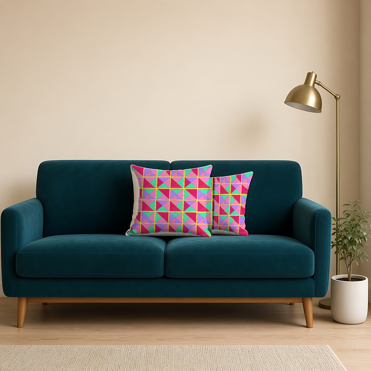 Split Square Fiesta Faux Suede Cushion on a teal velvet sofa
