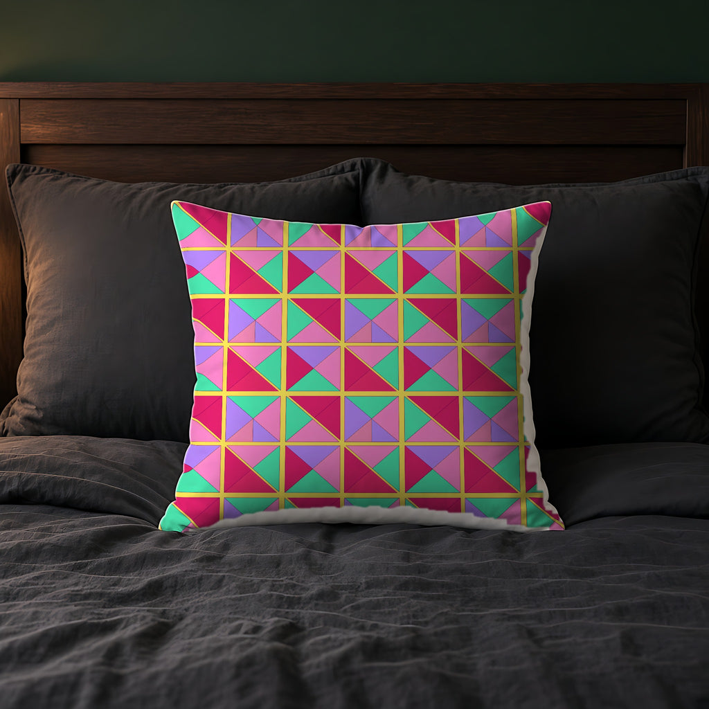 Split Square Fiesta Faux Suede Cushion on a bed with charcoal bedding