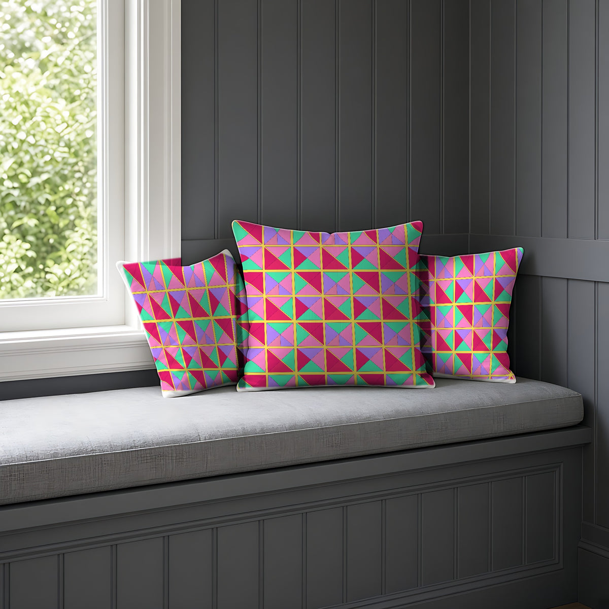 Split Square Fiesta Faux Suede Cushion on a window seat