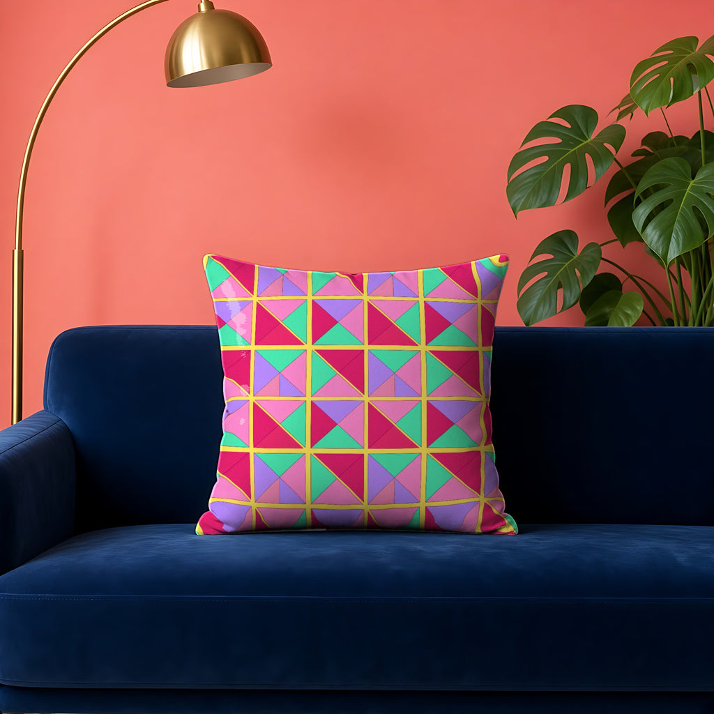 Split Square Fiesta Faux Suede Cushion in the Candy Pop on Raspberry palette, on a navy velvet sofa against a coral wall