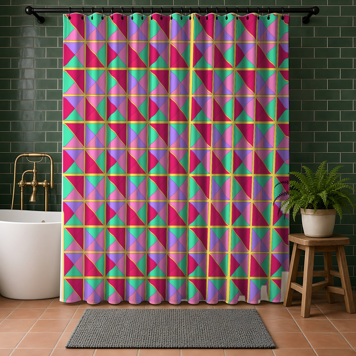 Split Square Fiesta Shower Curtain in a bathroom with dark green tiles