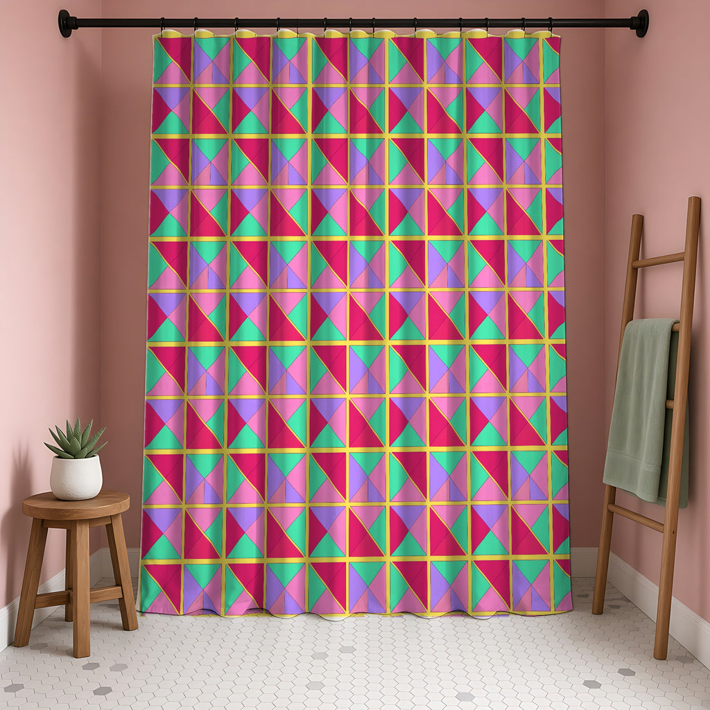 Split Square Fiesta Shower Curtain in a blush-pink bathroom