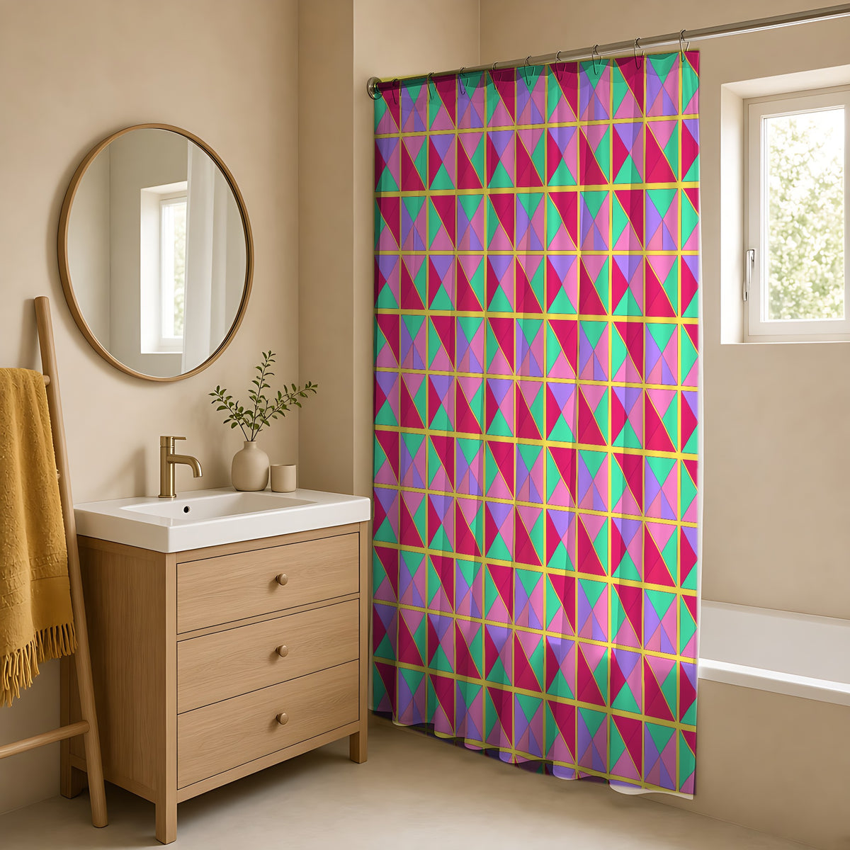 Split Square Fiesta Shower Curtain in a warm neutral bathroom with an oak vanity