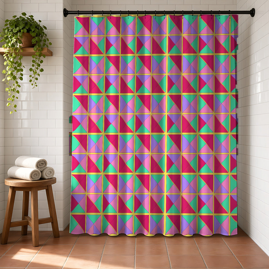 Split Square Fiesta Shower Curtain in a bright bathroom with white tiles and a terracotta floor